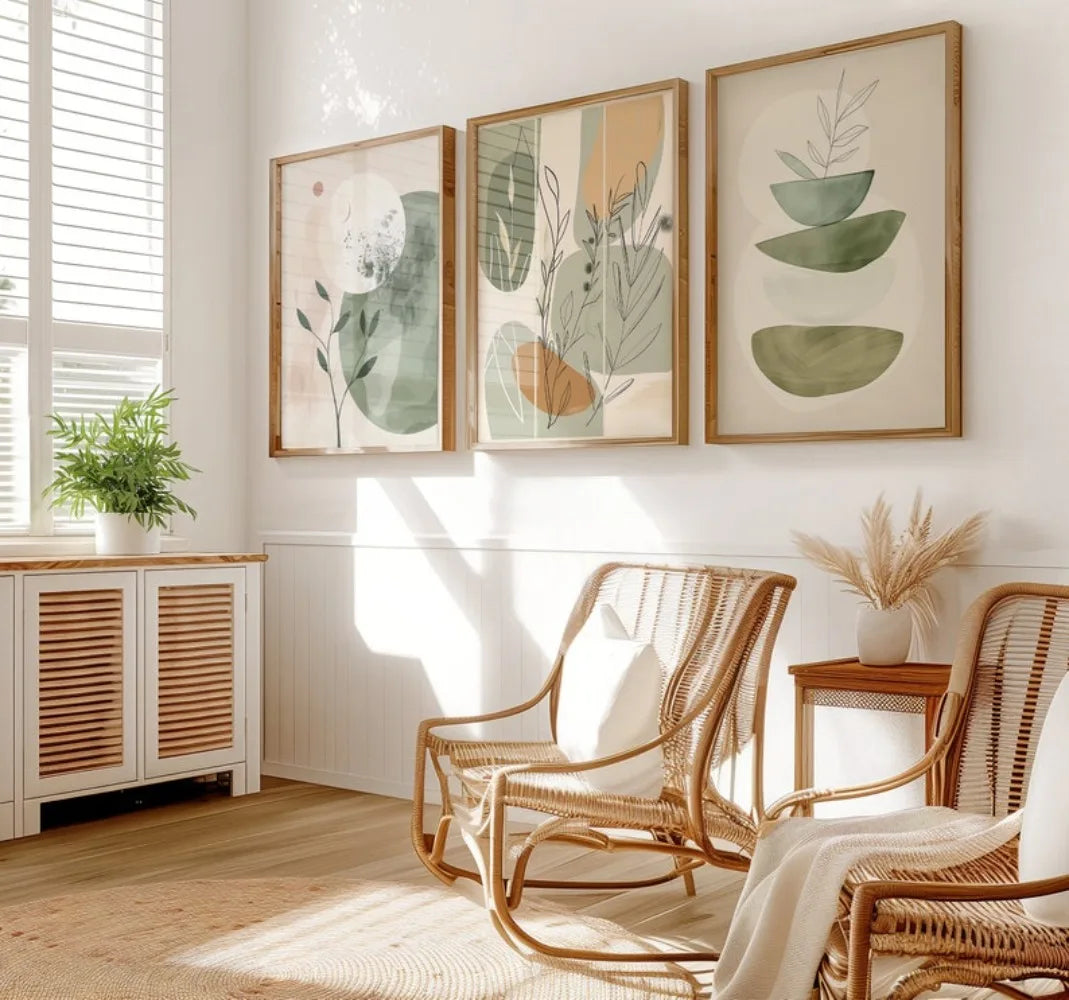 Set de 3 Pósteres Botánicos Minimalistas - Arte Floral Boho en Tonos Tierra (Sin Marco)