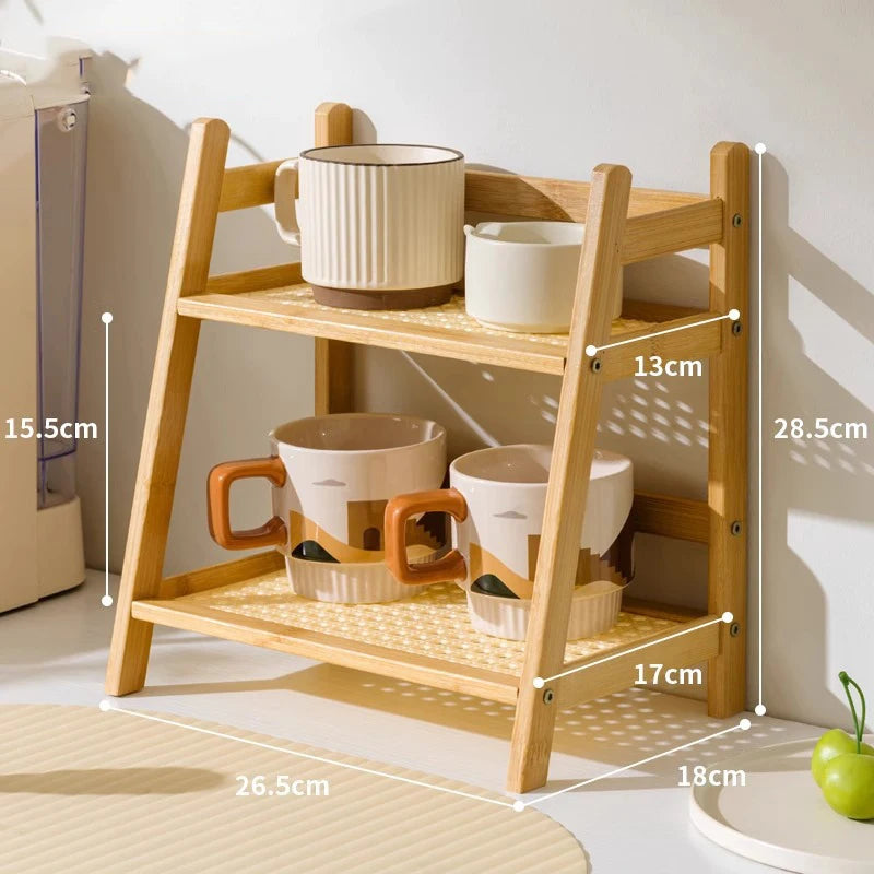 Organizador de Encimera de Bambú de 2 Niveles - Estante Multiusos para Tazas de Café, Almacenamiento Natural para Cocina, Tocador y Hotel