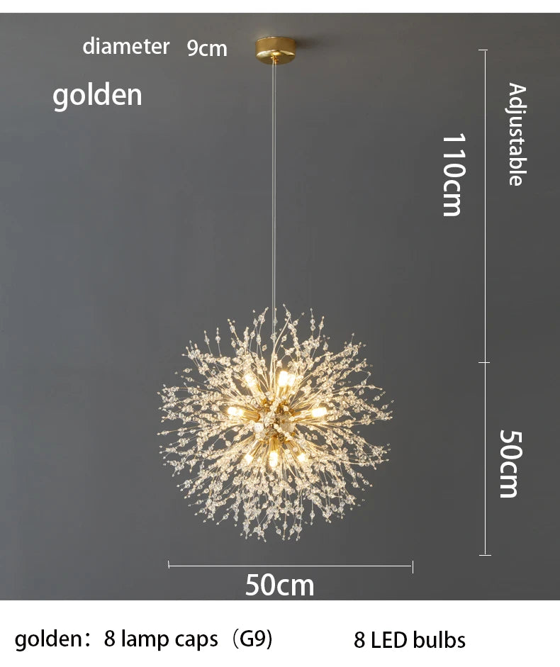 Lámpara Colgante LED Diente de León de Cristal | Chandelier Moderno Star Fireball para Salón y Comedor | Lámpara de Diseño Danés en Oro y Cromo