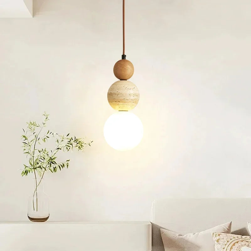 Lámpara Colgante Cream Style de Diseño Bauhaus | Chandelier LED de Piedra y Madera para Dormitorio y Mesita de Noche | Lámpara Nórdica Medieval para Bar y Restaurante