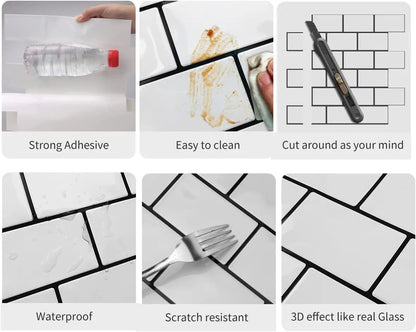 Azulejos Adhesivos Tipo Metro (Subway) 3D - Vinilo de Ladrillo Pelar y Pegar, Resistente al Agua para Salpicaderos de Cocina y Baño (10 Láminas)