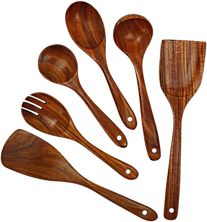 Set 9 Utensilios de Cocina Madera Teca Natural | Antiadherentes, Cucharas y Espátulas - Casarae