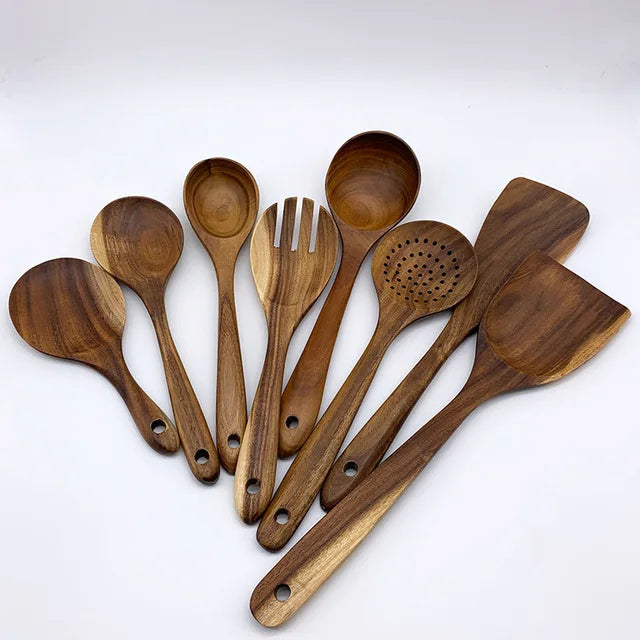 Set 9 Utensilios de Cocina Madera Teca Natural | Antiadherentes, Cucharas y Espátulas - Casarae