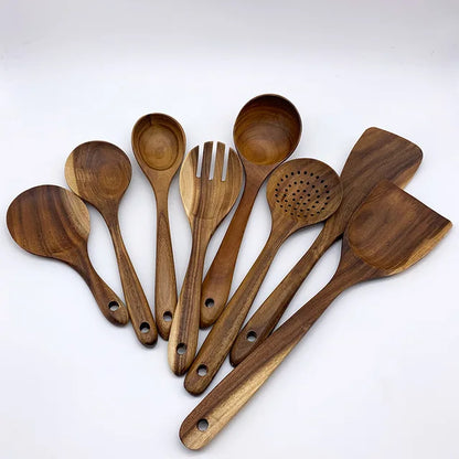 Set 9 Utensilios de Cocina Madera Teca Natural | Antiadherentes, Cucharas y Espátulas - Casarae