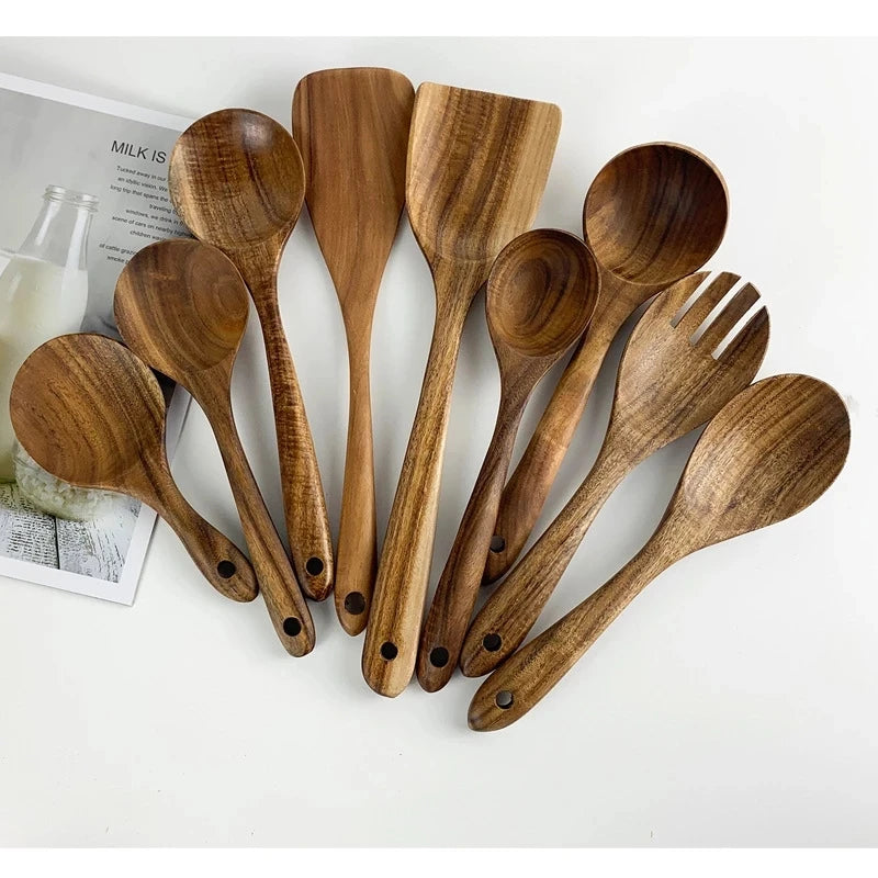 Set 9 Utensilios de Cocina Madera Teca Natural | Antiadherentes, Cucharas y Espátulas - Casarae