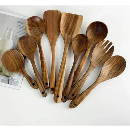 Set 9 Utensilios de Cocina Madera Teca Natural | Antiadherentes, Cucharas y Espátulas - Casarae