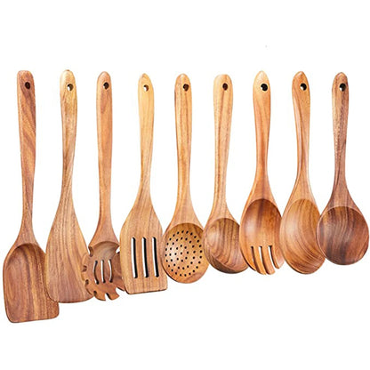 Set 9 Utensilios de Cocina Madera Teca Natural | Antiadherentes, Cucharas y Espátulas - Casarae