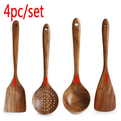 Set 9 Utensilios de Cocina Madera Teca Natural | Antiadherentes, Cucharas y Espátulas - Casarae