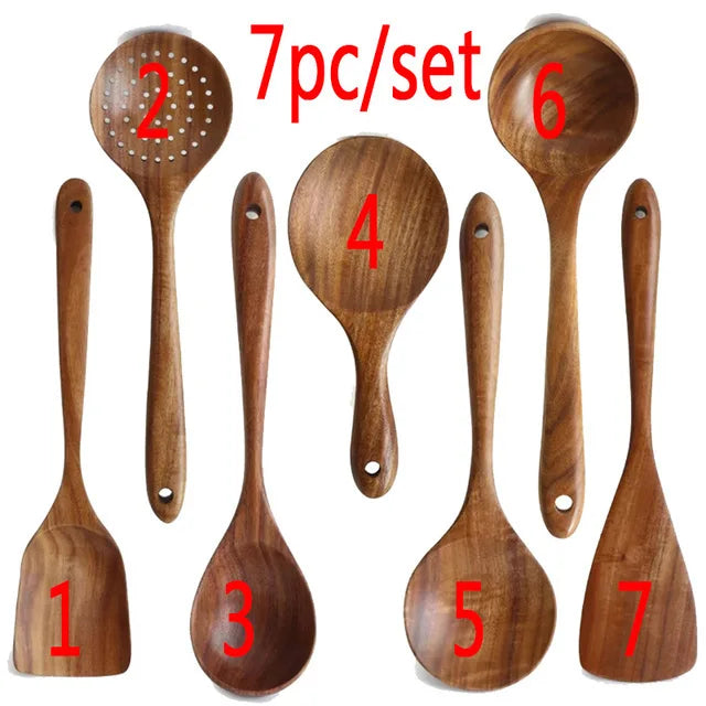 Set 9 Utensilios de Cocina Madera Teca Natural | Antiadherentes, Cucharas y Espátulas - Casarae