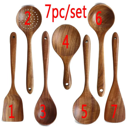 Set 9 Utensilios de Cocina Madera Teca Natural | Antiadherentes, Cucharas y Espátulas - Casarae