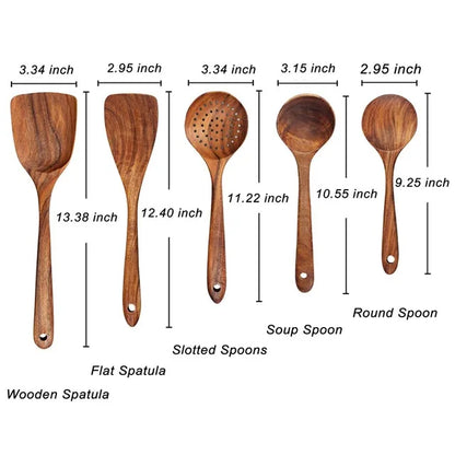Set 9 Utensilios de Cocina Madera Teca Natural | Antiadherentes, Cucharas y Espátulas - Casarae
