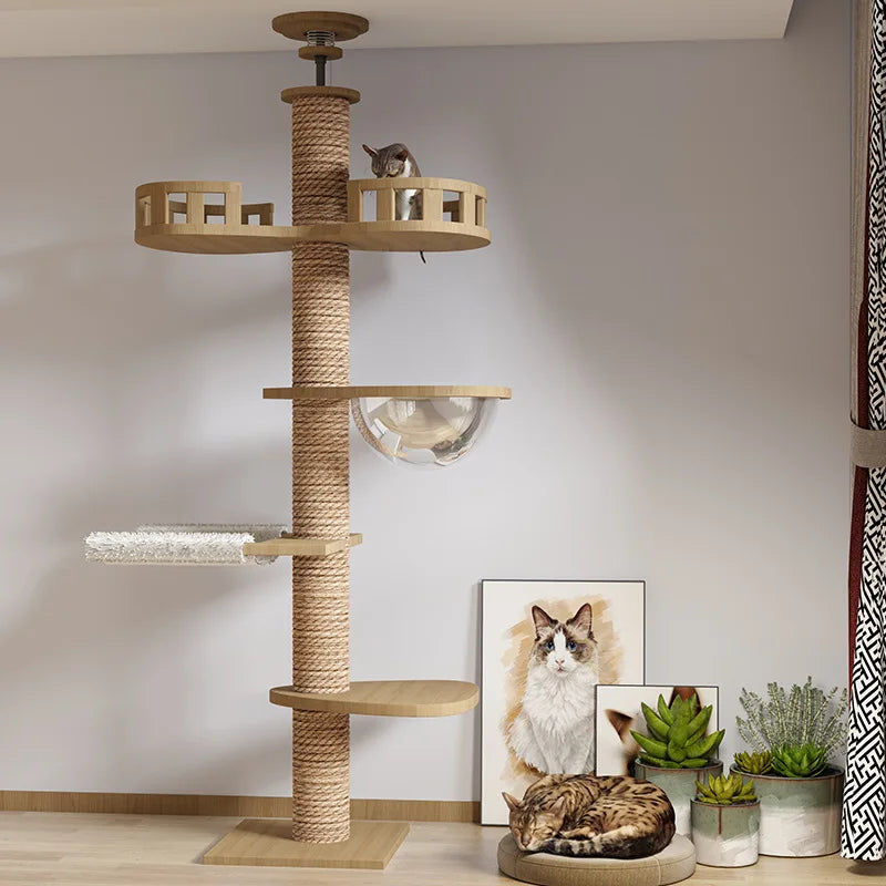 Torre Rascadora de Gatos de Suelo a Techo (Madera Natural) - Estructura Tianzhu Estable con Múltiples Plataformas y Postes de Sisal Grueso