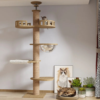 Torre Rascadora de Gatos de Suelo a Techo (Madera Natural) - Estructura Tianzhu Estable con Múltiples Plataformas y Postes de Sisal Grueso