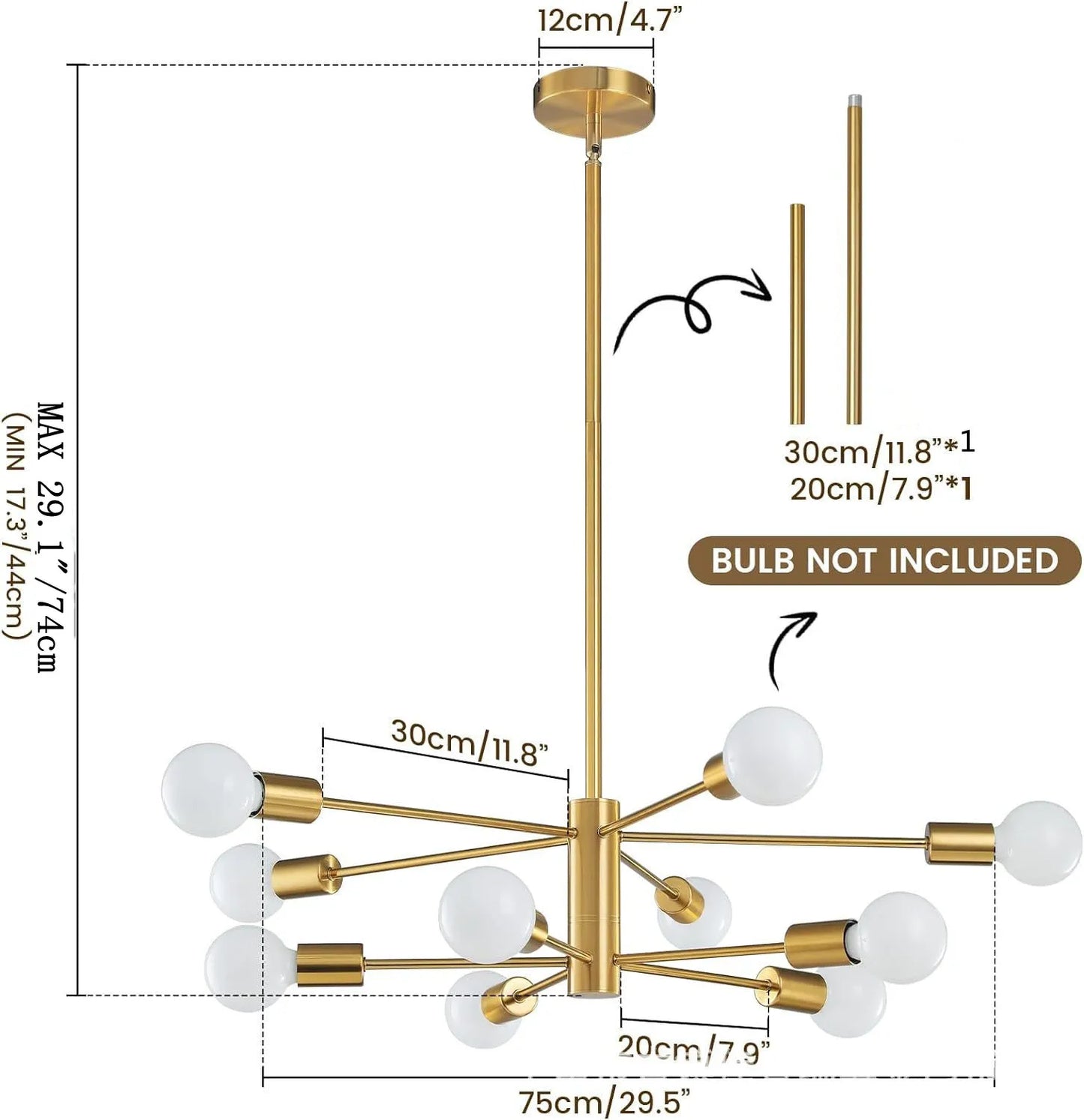 Lámpara de Techo Moderna Tipo Araña de 6 a 12 Cabezales | Lámpara Nórdica E27 para Salón y Comedor | Chandelier Industrial Negro o Dorado