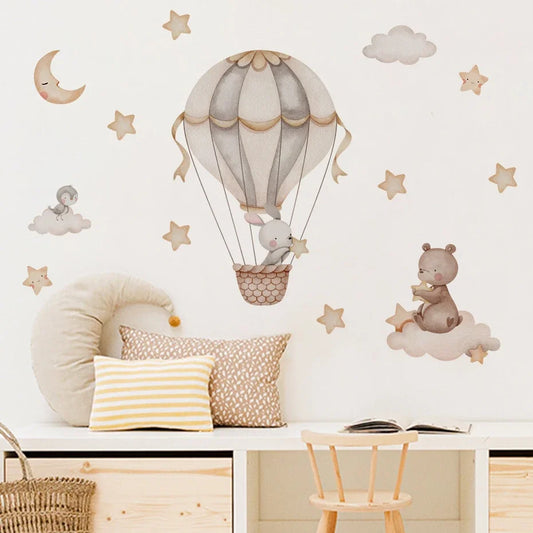 Pegatina de Pared de Vinilo Translúcido (Animales en Globo Aerostático) - Decoración Autoadhesiva y Ecológica para Habitaciones de Bebés y Niños