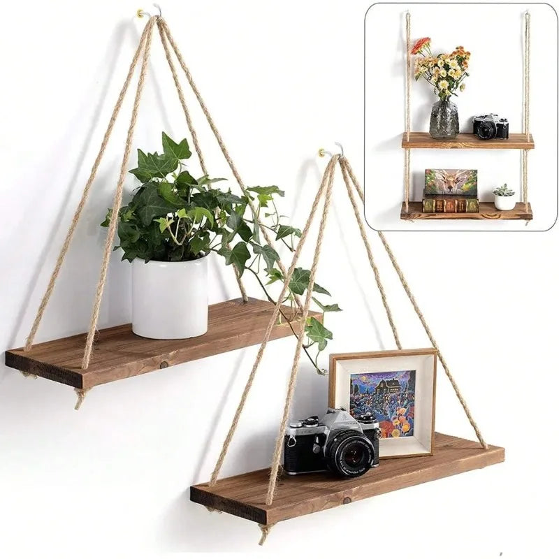 Estante Colgante de Madera con Cuerda de Cáñamo | Repisa Flotante Estilo Boho para Plantas, Macetas y Fotos | Decoración de Pared 35x14cm