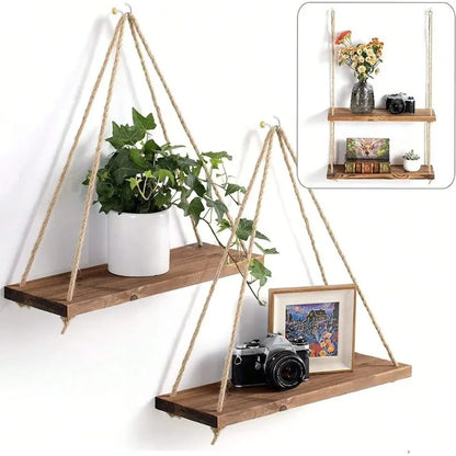 Estante Colgante de Madera con Cuerda de Cáñamo | Repisa Flotante Estilo Boho para Plantas, Macetas y Fotos | Decoración de Pared 35x14cm