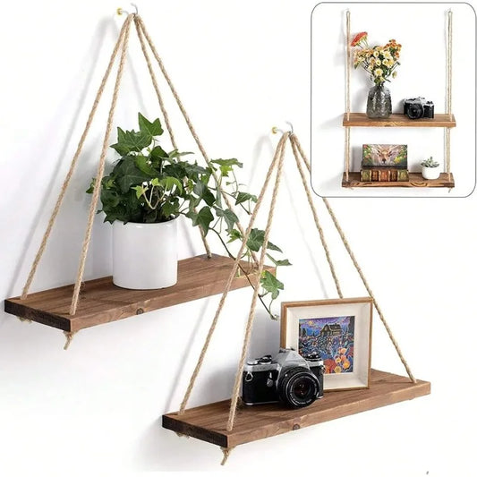 Estante Colgante de Madera con Cuerda de Cáñamo | Repisa Flotante Estilo Boho para Plantas, Macetas y Fotos | Decoración de Pared 35x14cm