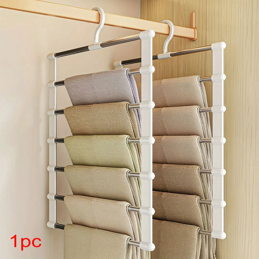 Percha Plegable de Acero Inoxidable (Ahorro de Espacio) - Organizador Vertical para 5 Jeans y Pantalones