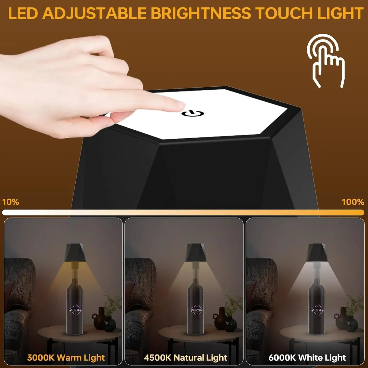 Lámpara Inalámbrica para Botellas con Control Táctil | Luz de Mesa LED 3 Colores y Brillo Regulable | Lámpara Recargable USB IP54 para Bar, Terraza y Dormitorio