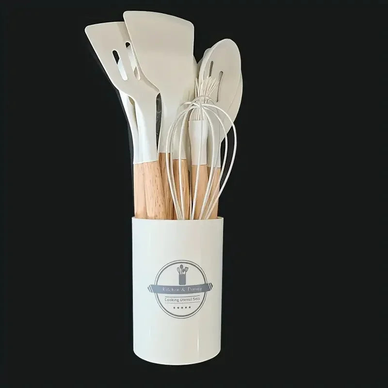 Set de 12 Utensilios de Cocina (Silicona y Mango de Madera) - Espátulas y Cucharas Antiadherentes