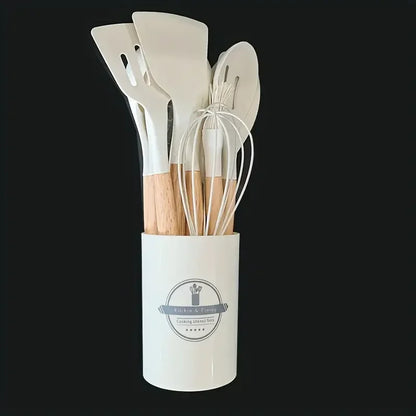 Set de 12 Utensilios de Cocina (Silicona y Mango de Madera) - Espátulas y Cucharas Antiadherentes