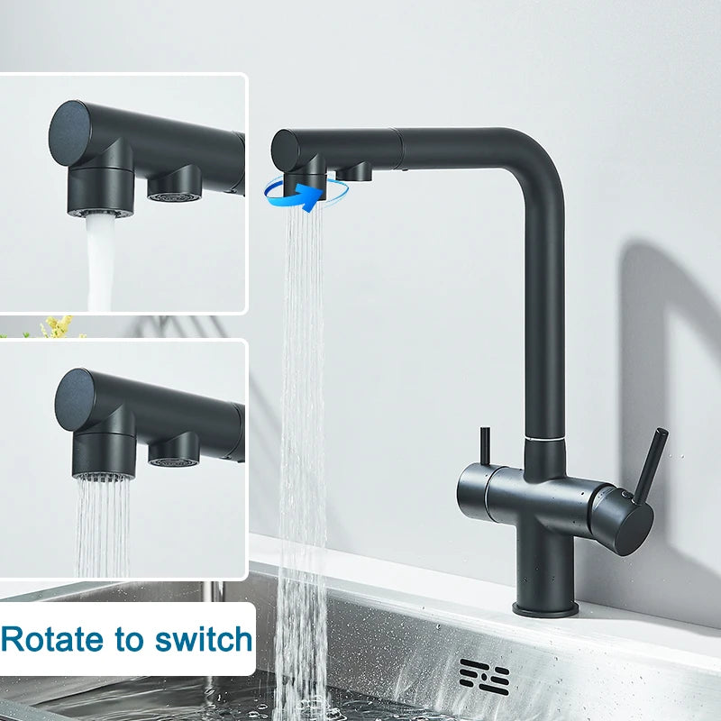 Grifo de Cocina Negro Mate 2 en 1 | Mezclador Agua Fría/Caliente y Purificador Extraíble - Casarae
