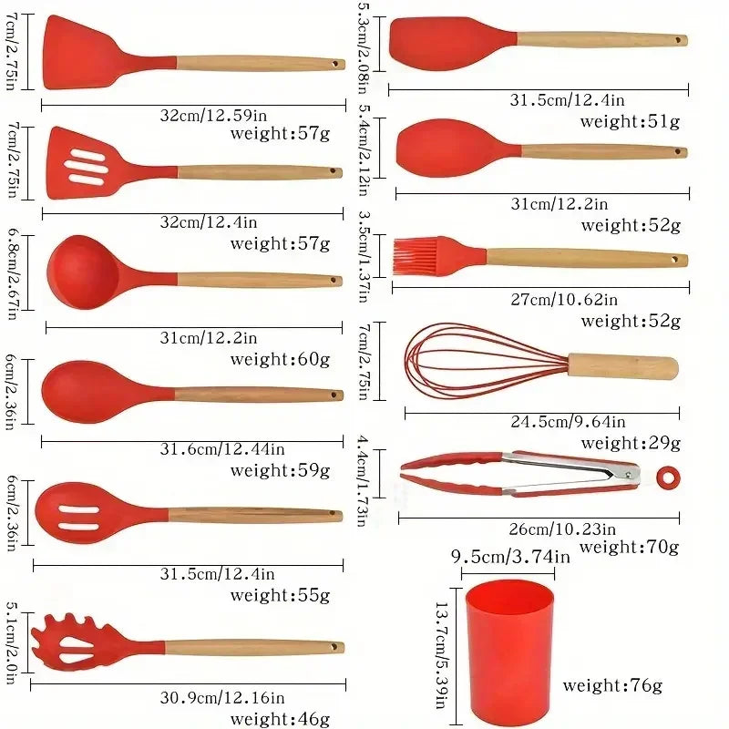 Set de 12 Utensilios de Cocina (Silicona y Mango de Madera) - Espátulas y Cucharas Antiadherentes