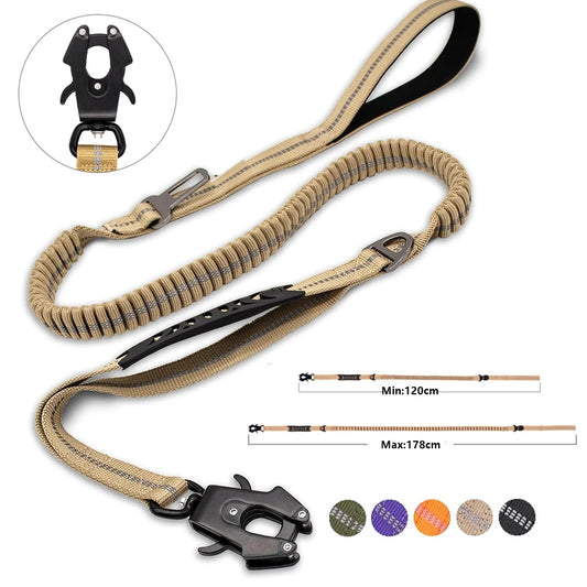 Correa Táctica Bungee Antitiro (Heavy Duty) - Absorción de Choque, Clip Rápido, Reflectante y Cinturón de Seguridad para Perros Grandes