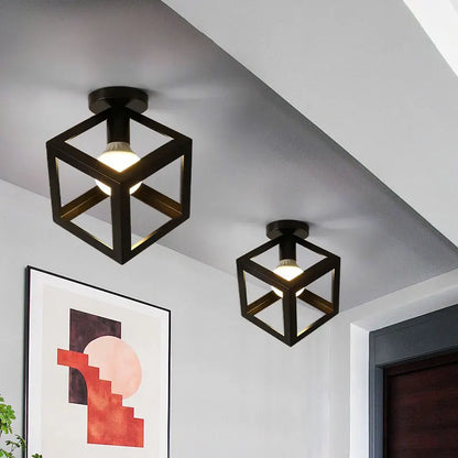 Lámpara de Techo Vintage de Jaula (Metal Negro) - Chandelier Industrial E27 para Pasillos, Foyer y Recibidores