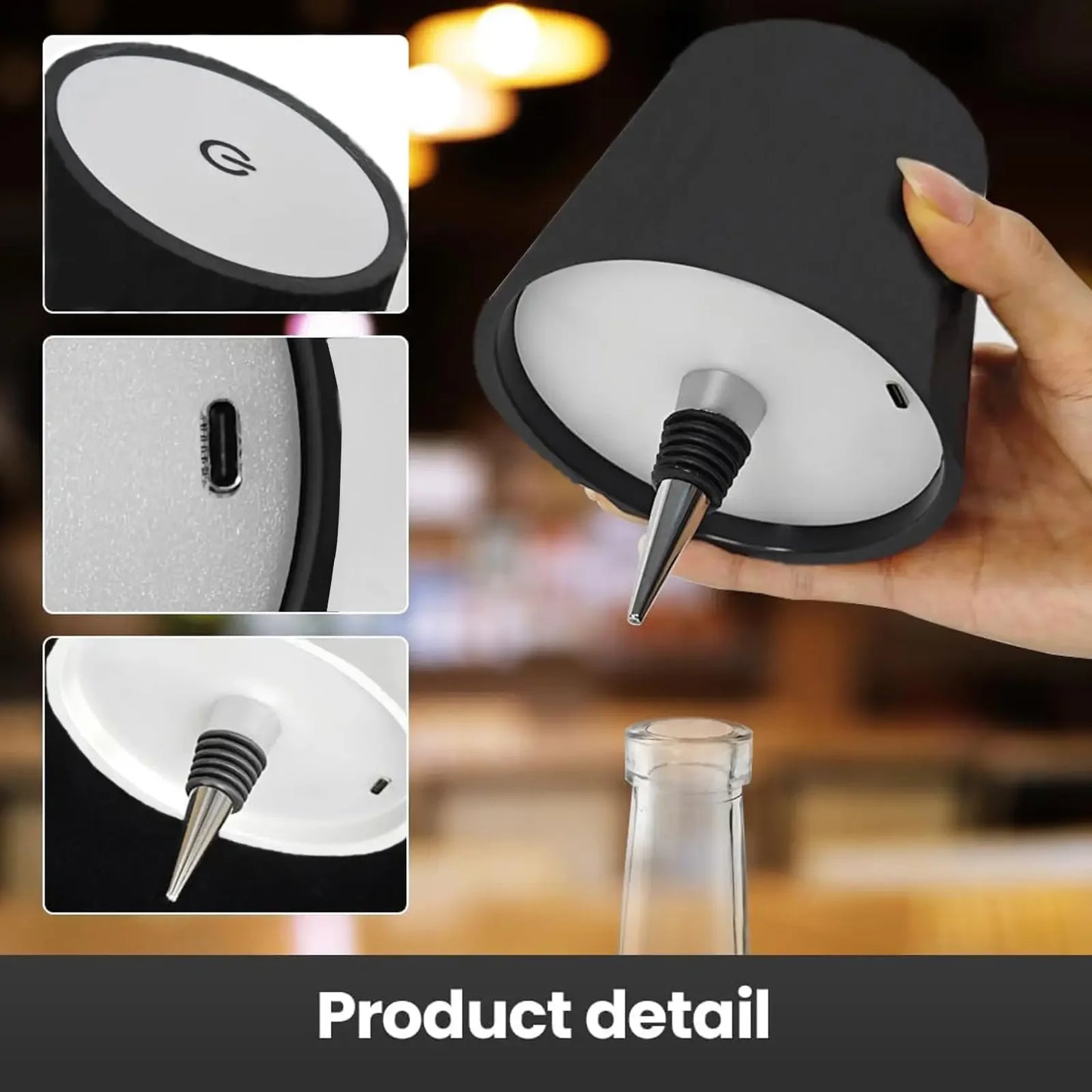 Lámpara Inalámbrica para Botellas con Control Táctil | Luz de Mesa LED 3 Colores y Brillo Regulable | Lámpara Recargable USB IP54 para Bar, Terraza y Dormitorio