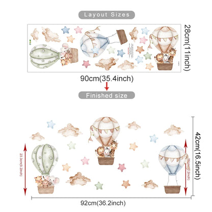 Pegatina de Pared de Vinilo Translúcido (Animales en Globo Aerostático) - Decoración Autoadhesiva y Ecológica para Habitaciones de Bebés y Niños