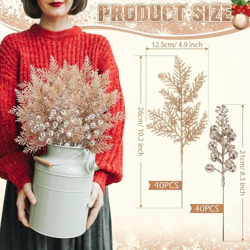 Set de 10 Bayas y Ramas Artificiales con Purpurina - Accesorios de Decoración Navideña DIY, Ramo Floral y Adornos para Árbol de Navidad