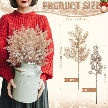 Set de 10 Bayas y Ramas Artificiales con Purpurina - Accesorios de Decoración Navideña DIY, Ramo Floral y Adornos para Árbol de Navidad