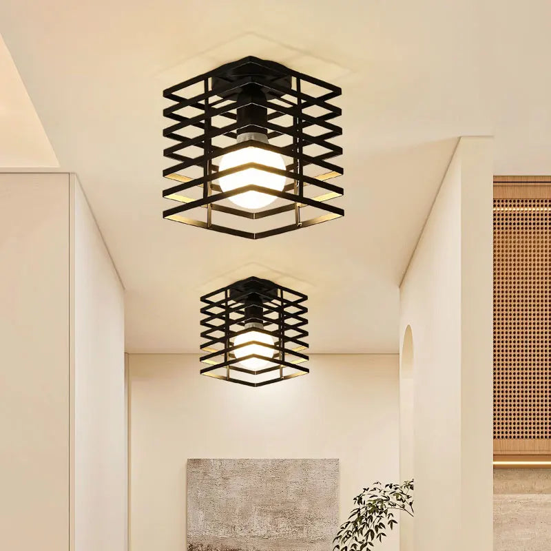 Lámpara de Techo Vintage de Jaula (Metal Negro) - Chandelier Industrial E27 para Pasillos, Foyer y Recibidores