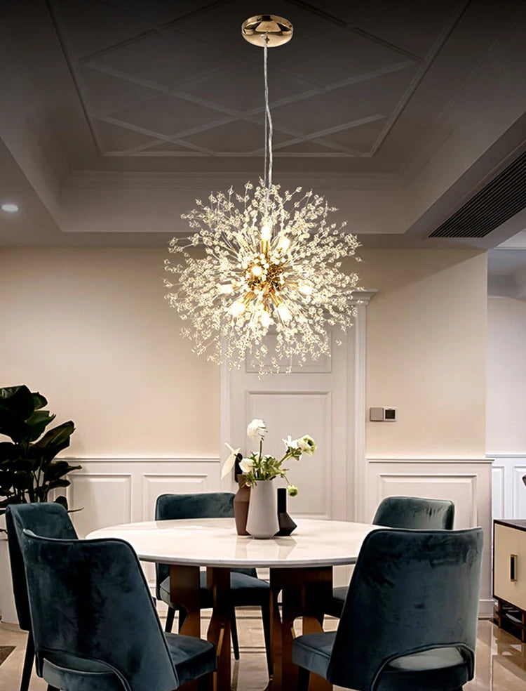 Lámpara Colgante LED Diente de León de Cristal | Chandelier Moderno Star Fireball para Salón y Comedor | Lámpara de Diseño Danés en Oro y Cromo