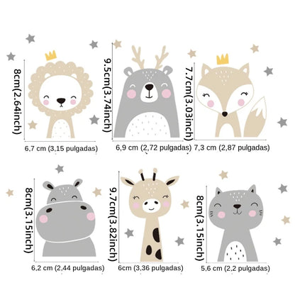 Set de 6 Pegatinas Bohemias para Interruptores y Pared - Adhesivos Autoadhesivos de PVC Transparente con Animales Sonrientes y Estrellas para Cuarto de Bebé