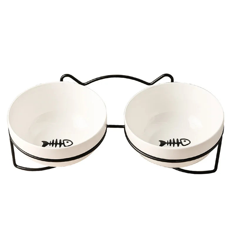 Set de Cuenco de Cerámica Elevado (500 ml) con Soporte Metálico para Gatos y Cachorros