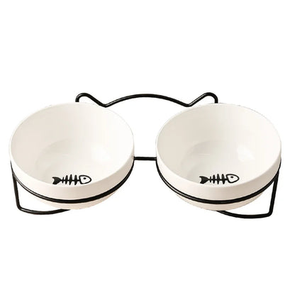 Set de Cuenco de Cerámica Elevado (500 ml) con Soporte Metálico para Gatos y Cachorros