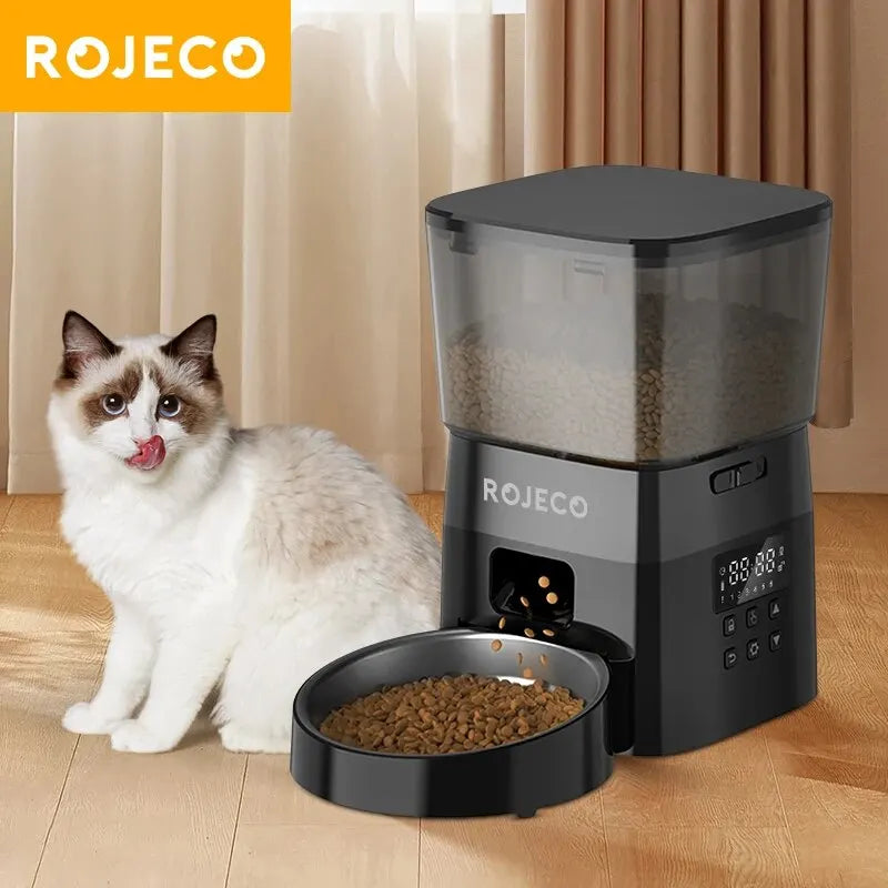 Comedero Automático ROJECO (Versión Botón) - Dispensador de Comida Seca Programable para Gatos y Perros con Control Fiable