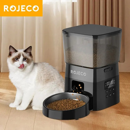 Comedero Automático ROJECO (Versión Botón) - Dispensador de Comida Seca Programable para Gatos y Perros con Control Fiable