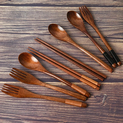 Set de Cubiertos Portátil (3 Piezas) - Tenedor, Cuchara y Palillos de Madera Natural Estilo Japonés