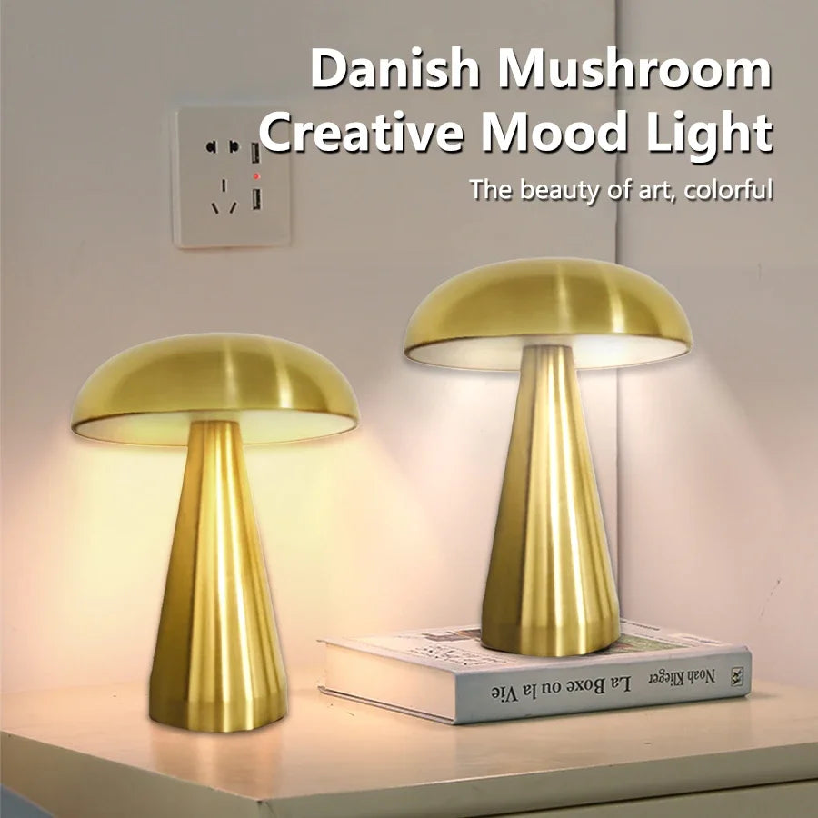 Lámpara de Mesa Retro Mushroom de Diseño Danés | Lámpara LED Táctil Recargable con 3 Tonos de Luz | Lámpara de Noche Vintage para Bar, Restaurante y Dormitorio