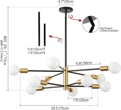 Lámpara de Techo Moderna Tipo Araña de 6 a 12 Cabezales | Lámpara Nórdica E27 para Salón y Comedor | Chandelier Industrial Negro o Dorado