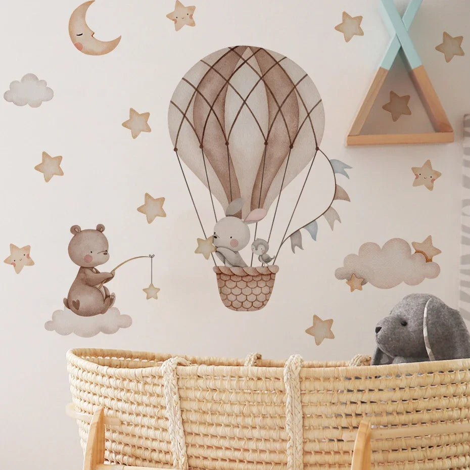Pegatina de Pared de Vinilo Translúcido (Animales en Globo Aerostático) - Decoración Autoadhesiva y Ecológica para Habitaciones de Bebés y Niños