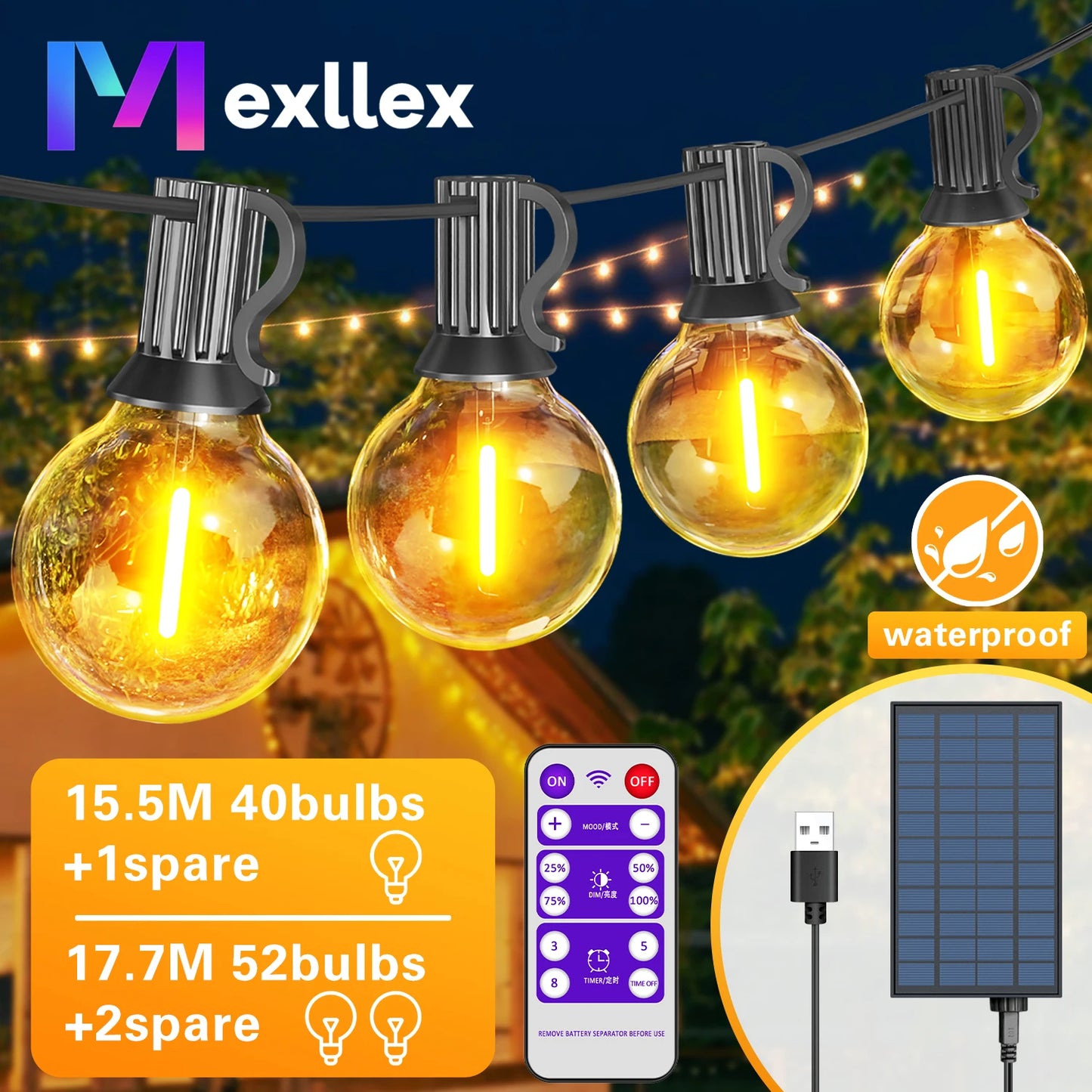 Guirnalda Solar de Luces G40 Mexllex para Exterior | 8 Modos, Control Remoto y Carga USB | Bombillas de Plástico Irrompibles e Impermeables para Jardín y Bodas