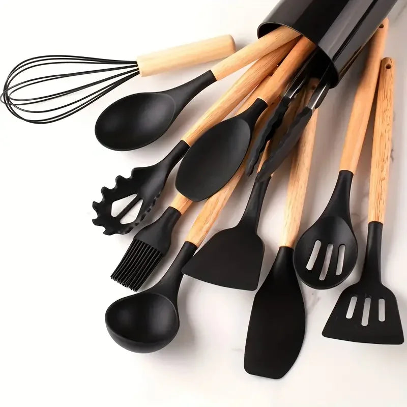 Set de 12 Utensilios de Cocina (Silicona y Mango de Madera) - Espátulas y Cucharas Antiadherentes