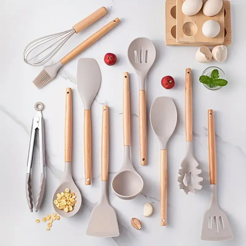 Set de 12 Utensilios de Cocina (Silicona y Mango de Madera) - Espátulas y Cucharas Antiadherentes