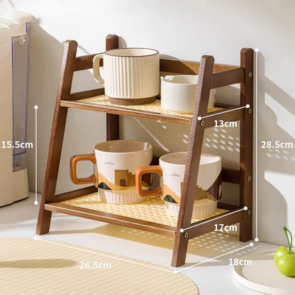 Organizador de Encimera de Bambú de 2 Niveles - Estante Multiusos para Tazas de Café, Almacenamiento Natural para Cocina, Tocador y Hotel
