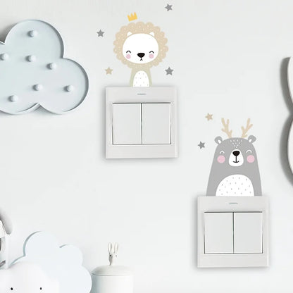 Set de 6 Pegatinas Bohemias para Interruptores y Pared - Adhesivos Autoadhesivos de PVC Transparente con Animales Sonrientes y Estrellas para Cuarto de Bebé